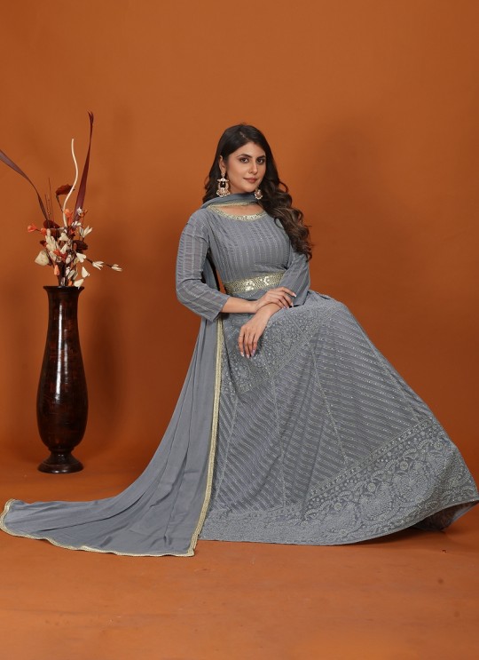 Grey Faux Georgette Readymade Anarkali Suits | Embroidered MAHEK VOL-1 1463