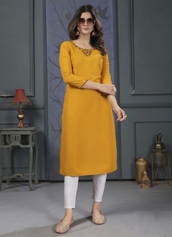 Mustard Cotton Readymade Kurti with Embroidery from MIRROR VOL-2 With Lycra Pent 668