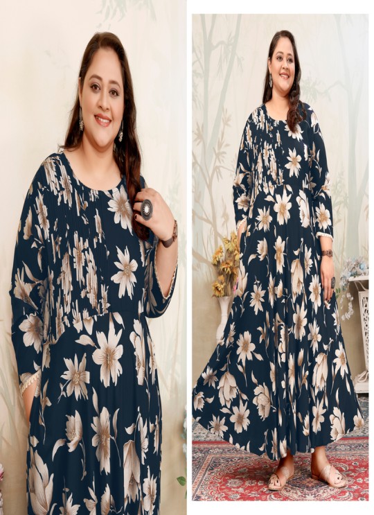 Navy Blue Rayon Readymade Long Kurti | Digital Print PLUS SIZE JOY VOL-1 8650