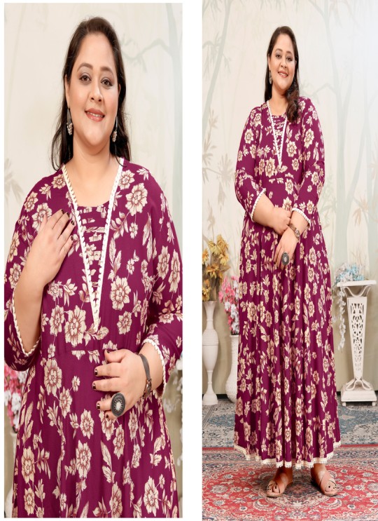 Wine Rayon Readymade Long Kurti | Digital Print PLUS SIZE JOY VOL-1 8651