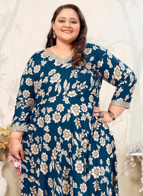 Teal Blue Rayon Readymade Long Kurti | Digital Print PLUS SIZE JOY VOL-1 8652 Teal Blue Rayon Readymade Long Kurti | Digital Print PLUS SIZE JOY VOL-1 8652
