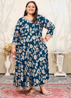 Teal Blue Rayon Readymade Long Kurti | Digital Print PLUS SIZE JOY VOL-1 8652