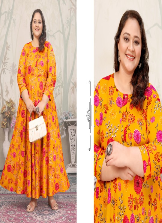 Mustard Rayon Readymade Long Kurti | Digital Print PLUS SIZE JOY VOL-2 8654