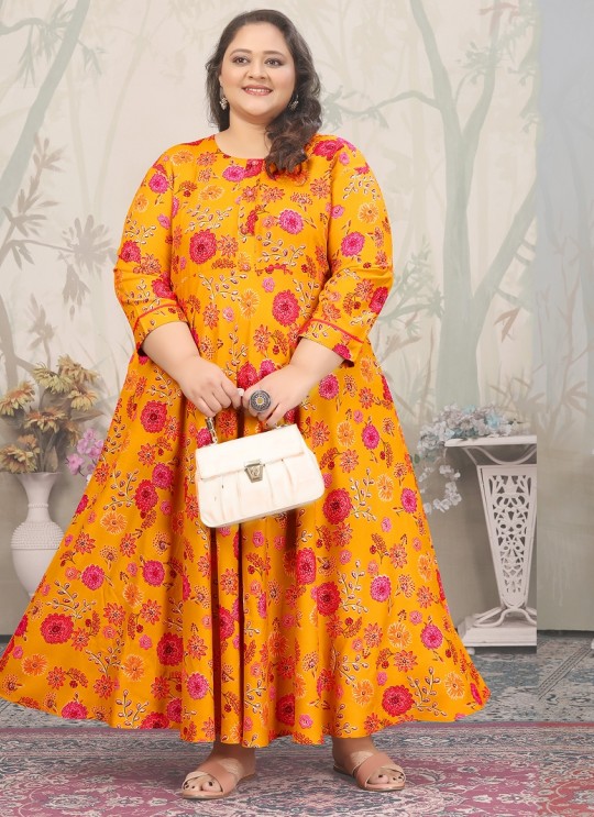 Mustard Rayon Readymade Long Kurti | Digital Print PLUS SIZE JOY VOL-2 8654