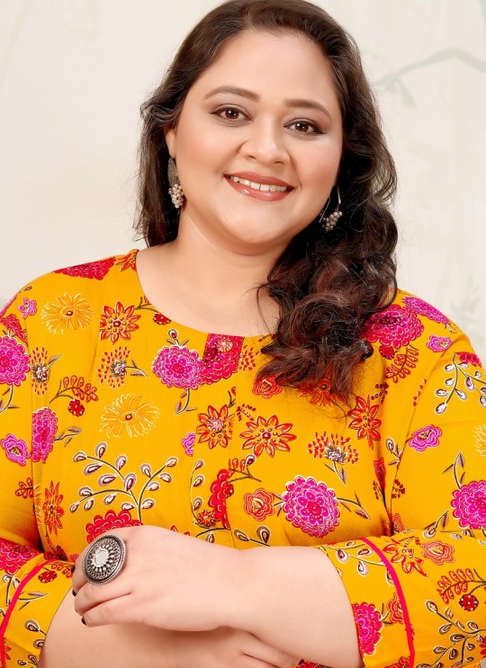 Mustard Rayon Readymade Long Kurti | Digital Print PLUS SIZE JOY VOL-2 8654