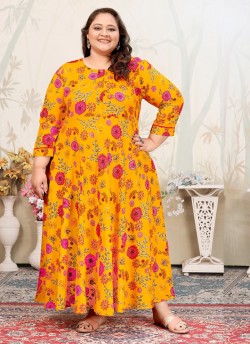 Mustard Rayon Readymade Long Kurti | Digital Print PLUS SIZE JOY VOL-2 8654