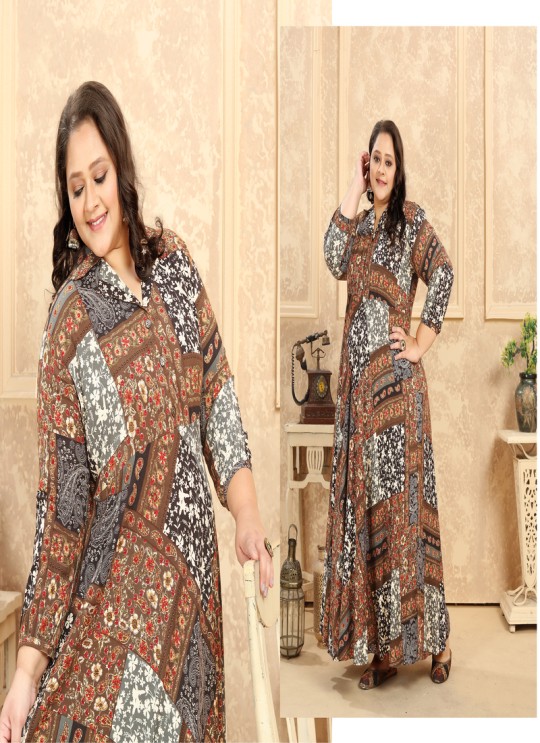 Brown Rayon Readymade Long Kurti | Digital Print PLUS SIZE VOL-2 8626