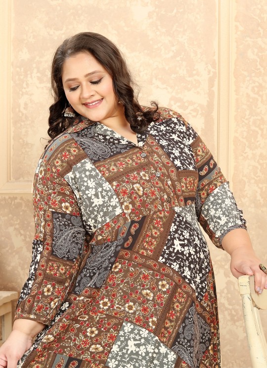Brown Rayon Readymade Long Kurti | Digital Print PLUS SIZE VOL-2 8626
