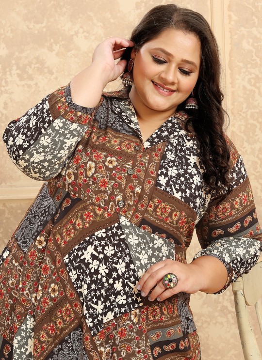 Brown Rayon Readymade Long Kurti | Digital Print PLUS SIZE VOL-2 8626