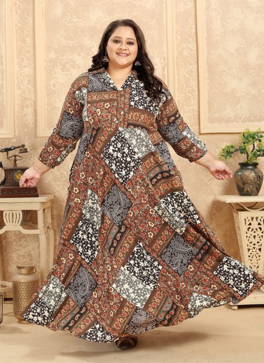Brown Rayon Readymade Long Kurti | Digital Print PLUS SIZE VOL-2 8626