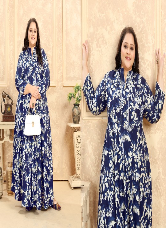 Blue Rayon Readymade Long Kurti | Digital Print PLUS SIZE VOL-2 8628
