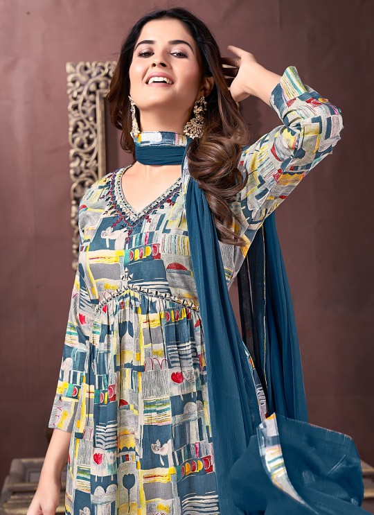 Teal Blue Multicolor Rayon Alia Cut Readymade Salwar Kameez Afgani Alia Vol-1 2227 Teal Blue Multicolor Rayon Alia Cut Readymade Salwar Kameez Afgani Alia Vol-1 2227