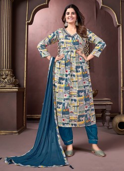 Teal Blue Multicolor Rayon Alia Cut Readymade Salwar Kameez Afgani Alia Vol-1 2227