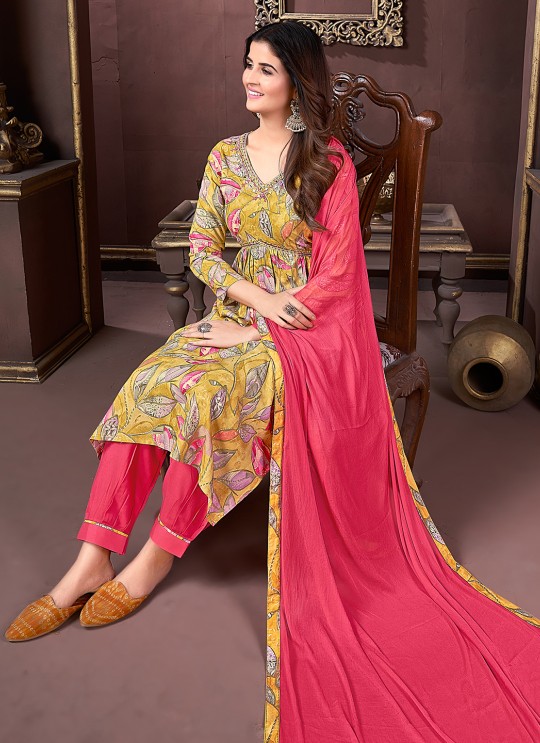 Mustard Dark Pink Rayon Alia Cut Readymade Salwar Kameez, Afgani Alia Vol-2 2230 Mustard Dark Pink Rayon Alia Cut Readymade Salwar Kameez, Afgani Alia Vol-2 2230