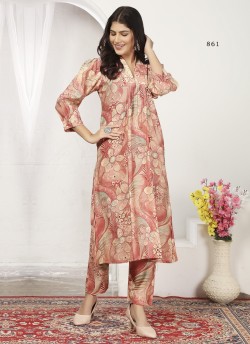 Peach Chanderi Readymade Co-ord Set | Digital Print WONDOR VOL-2 861