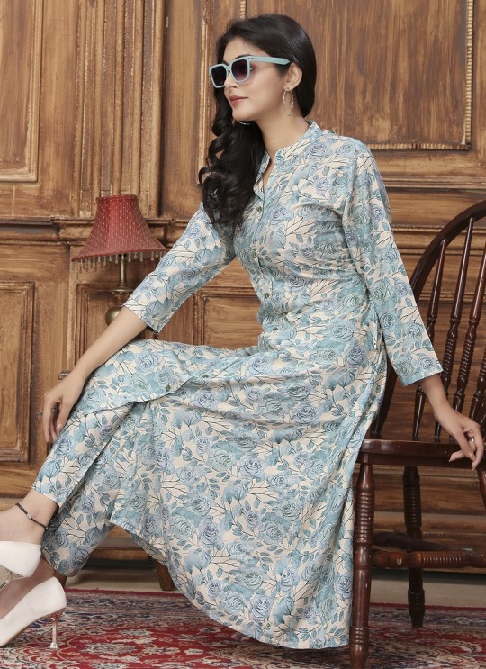 Beige & Sky Blue Rayon Readymade Co-ord Set | Digital Print WOW VOL-2 855 Beige & Sky Blue Rayon Readymade Co-ord Set | Digital Print WOW VOL-2 855