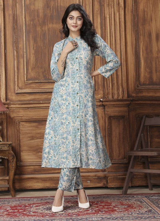 Beige & Sky Blue Rayon Readymade Co-ord Set | Digital Print WOW VOL-2 855 Beige & Sky Blue Rayon Readymade Co-ord Set | Digital Print WOW VOL-2 855