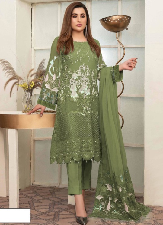 Mehandi Green Georgette Embroidered Pakistani Suit SC/019546