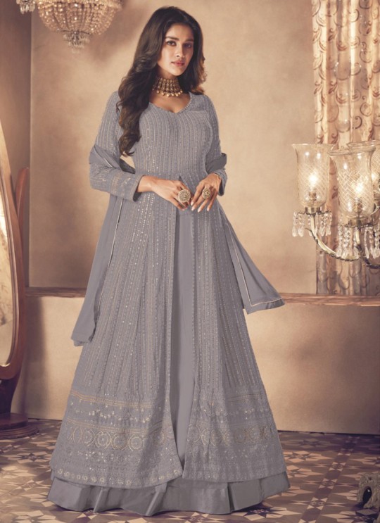 122-5 Colours By Kilruba Georgette Grey Embroidered Skirt Kameez