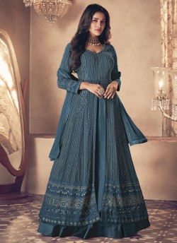 122A Colours By Kilruba Georgette Teal Embroidered Skirt Kameez