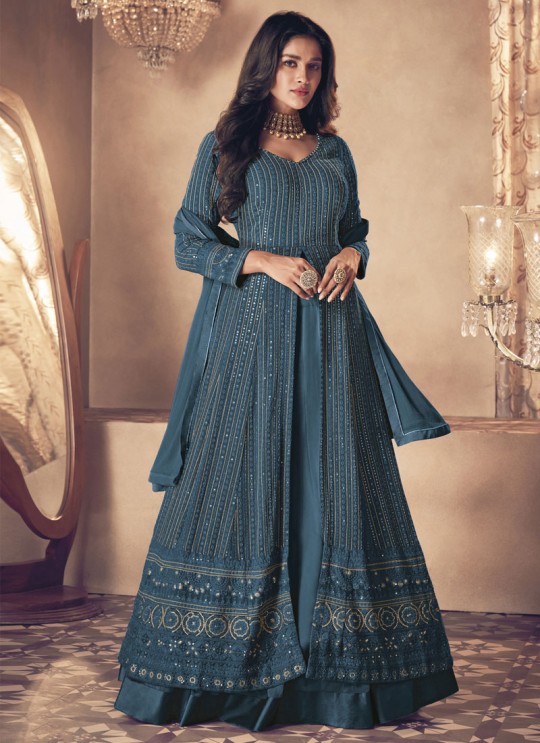 122A Colours By Kilruba Georgette Teal Embroidered Skirt Kameez 122A Colours By Kilruba Georgette Teal Embroidered Skirt Kameez