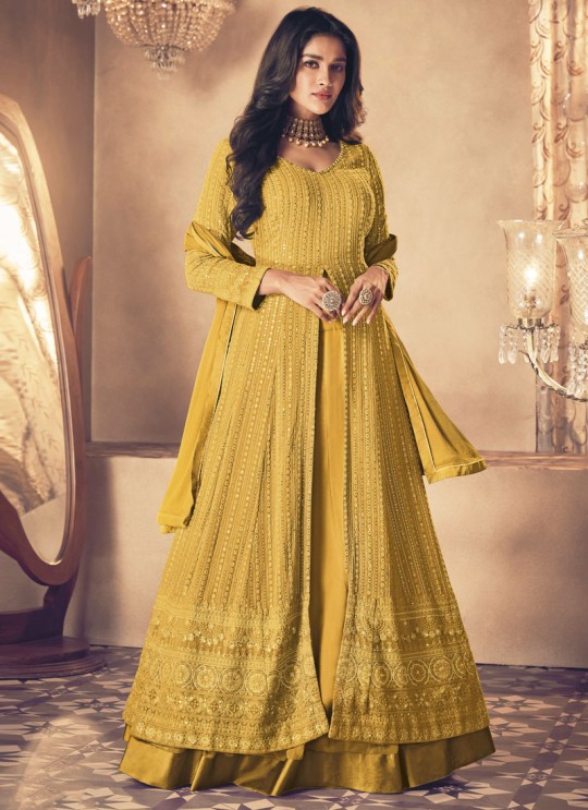 122C Colours By Kilruba Georgette Yellow Embroidered Skirt Kameez 122C Colours By Kilruba Georgette Yellow Embroidered Skirt Kameez