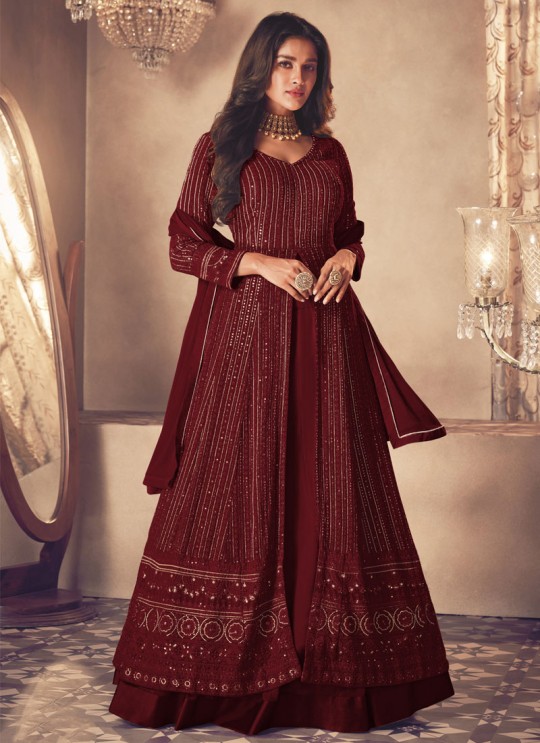 122F Colours By Kilruba Georgette Maroon Embroidered Skirt Kameez 122F Colours By Kilruba Georgette Maroon Embroidered Skirt Kameez