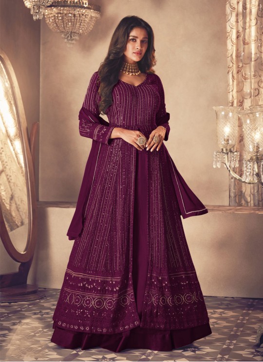 122H Colours By Kilruba Georgette Wine Embroidered Skirt Kameez