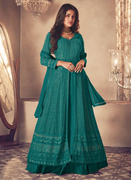 122K Colours By Kilruba Georgette Teal Blue Embroidered Skirt Kameez