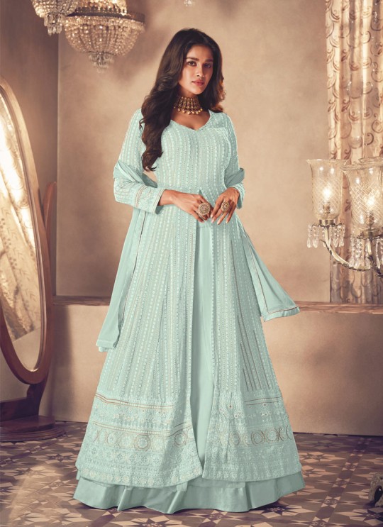 122L Colours By Kilruba Georgette Sky Blue Embroidered Skirt Kameez