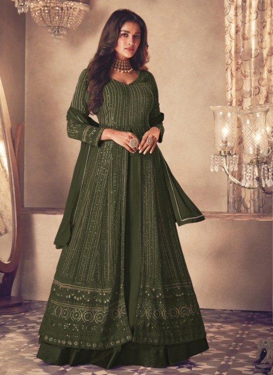 122Z-1 Colours By Kilruba Georgette Mehandi Green Embroidered Skirt Kameez