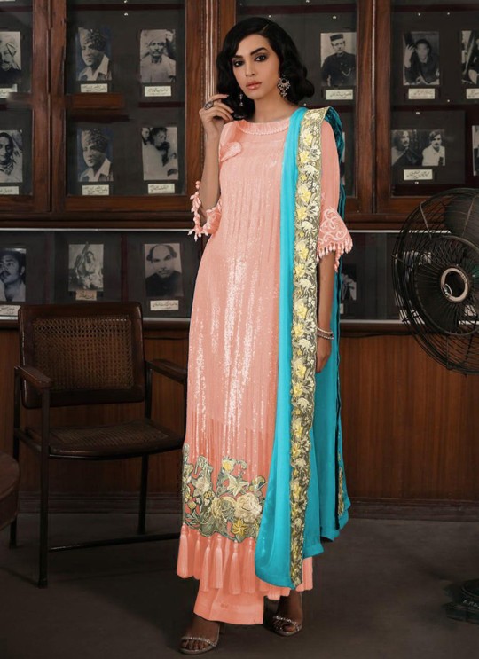 Peach Georgette Pakistani Straight Cut Suit 705 Colours By Kilruba SC017686