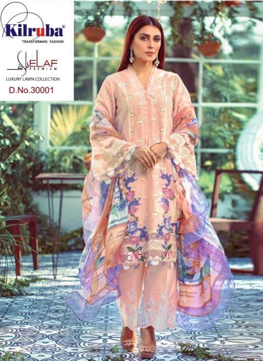 Elaf Premium Luxury Lawn By Kilruba 30001 Peach Pure Lawn Cotton Designer Pakistani Salwar Kameez SC018248