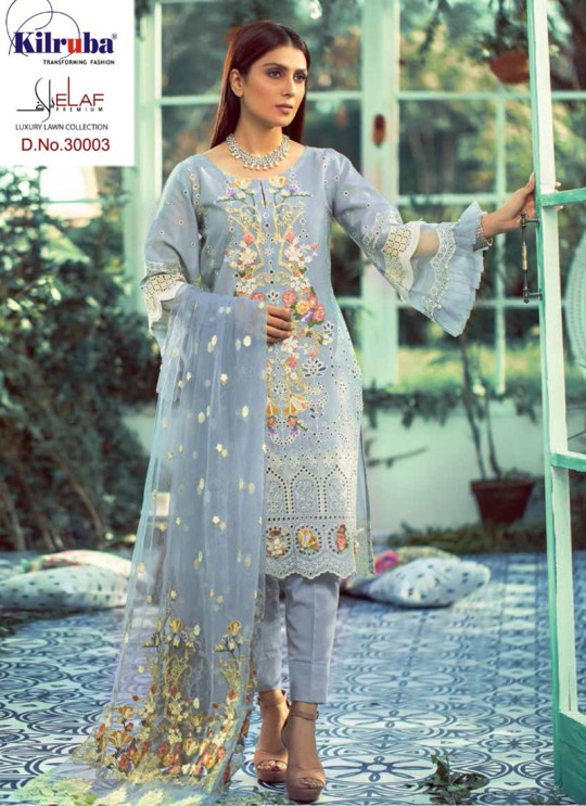 Elaf By Kilruba 30003Set Grey Pure Lawn Cotton Designer Pakistani Suit
