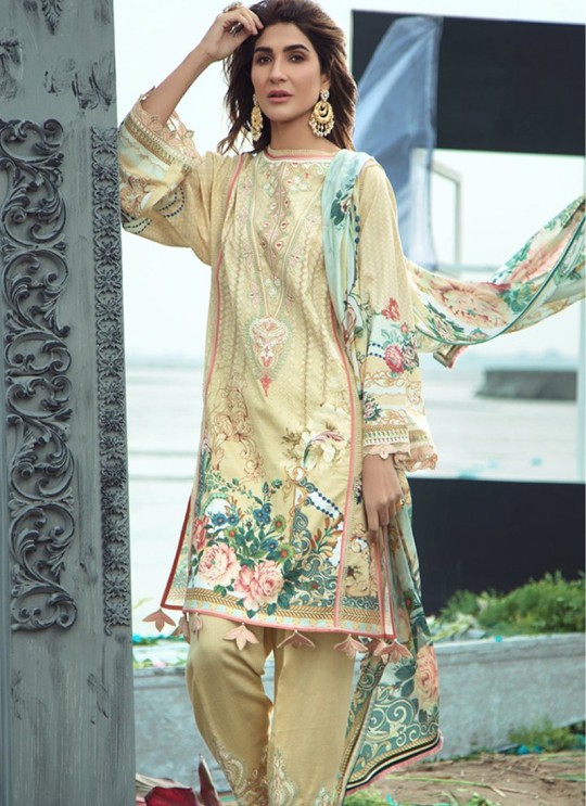 Beige Lawn Eid Wear Pakistani Suit Firdous Lawn Collection Chiffon Dupatta 24002 By Kilruba SC/018058