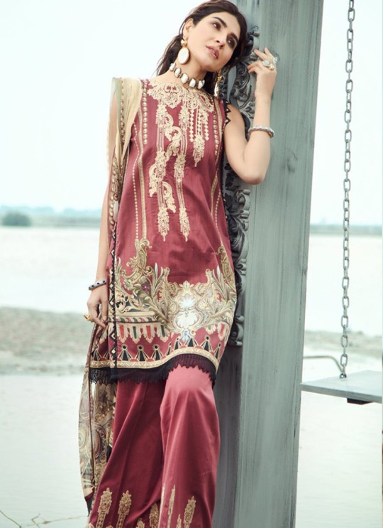 Wine Lawn Eid Wear Pakistani Suit Firdous Lawn Collection Chiffon Dupatta 24003 By Kilruba SC/018058