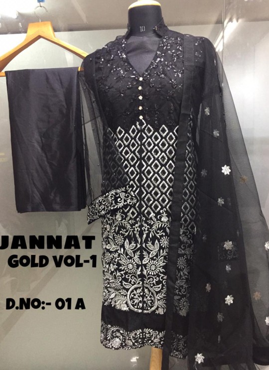 Black Net Embroidered Pakistani Suits Jannat Gold Vol 1 01A Color By Kilruba SC/013608 Black Net Embroidered Pakistani Suits Jannat Gold Vol 1 01A Color By Kilruba SC/013608
