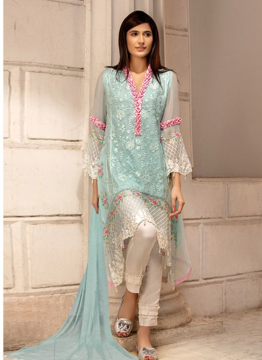 Georgette Embroidered Pakistani Suit In Ice Blue Color For Eid Jannat Summer Gold 5002 By Kilruba SC/014454