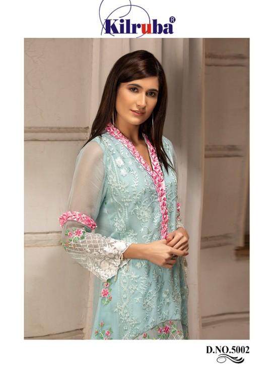 Georgette Embroidered Pakistani Suit In Ice Blue Color For Eid Jannat Summer Gold 5002 By Kilruba SC/014454