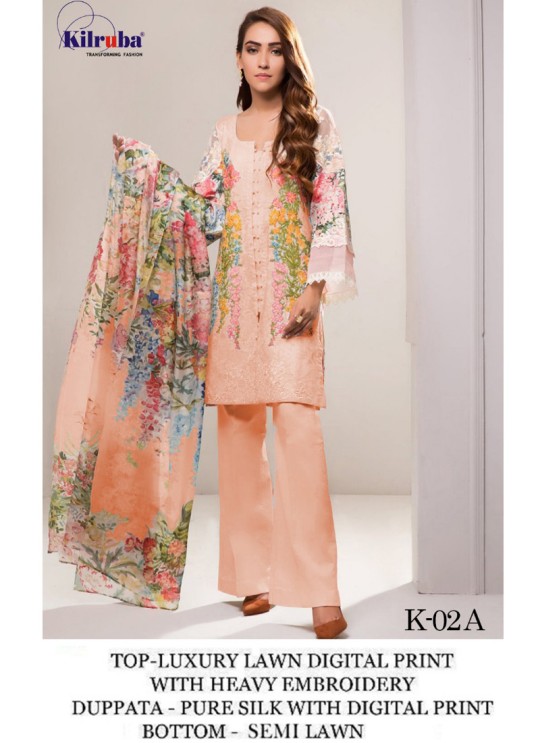 Peach Lawn Cotton Party Wear Pakistani Suit K02A By Kilruba SC/016494