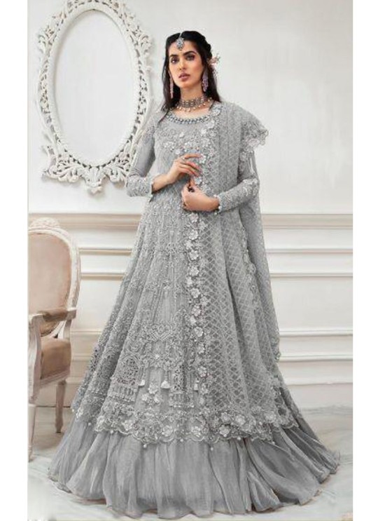 Grey Net Embroiderd Wedding Wear Pakistnai Suit 87 Colours 87D By Kilruba SC/018748