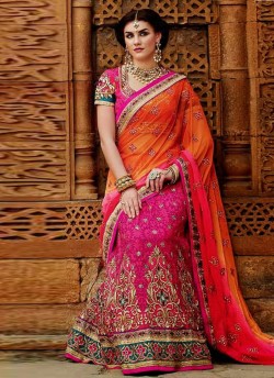 Pink, Orange Net Lehenga Style Saree 201 Series Saree 203 By Kimora Fashion