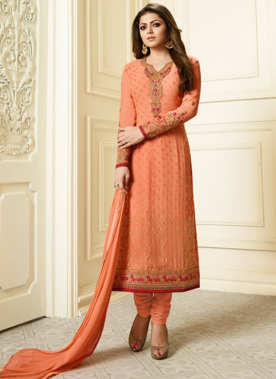 Drashti Dhami Peach Embroidered Festival Wear Churidar Suits Nitya Vol 127 2705 Set By LT Fabrics SC/012777
