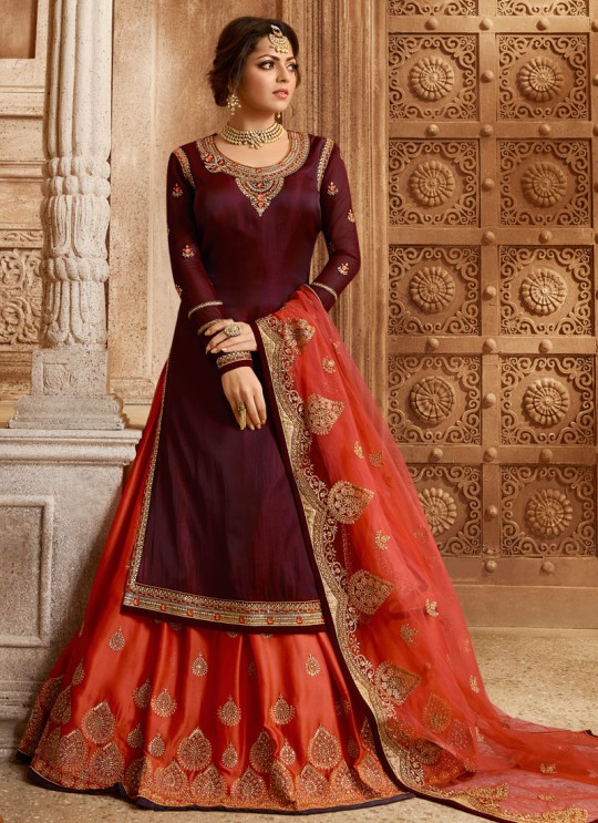 Drashti Dhami Maroon Embroidered Wedding Wear Skirt Kameez Nitya Vol 130 3008 By LT Fabrics SC/013516