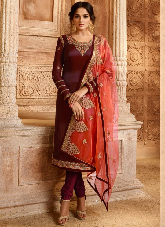 Drashti Dhami Maroon Embroidered Wedding Wear Skirt Kameez Nitya Vol 130 3008 By LT Fabrics SC/013516