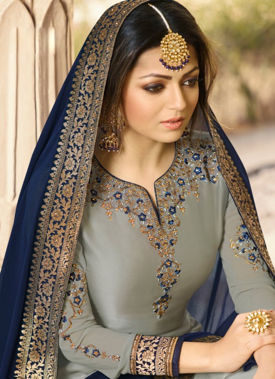 Satin Georgette Embroidered Ceremony Skirt Kameez In Grey Color Nitya Vol 133 3301 By LT Fabrics SC/015454