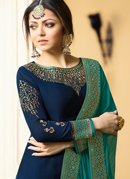 Satin Georgette Embroidered Ceremony Skirt Kameez In Blue Color Nitya Vol 133 3305 By LT Fabrics SC/015458 Satin Georgette Embroidered Ceremony Skirt Kameez In Blue Color Nitya Vol 133 3305 By LT Fabrics SC/015458