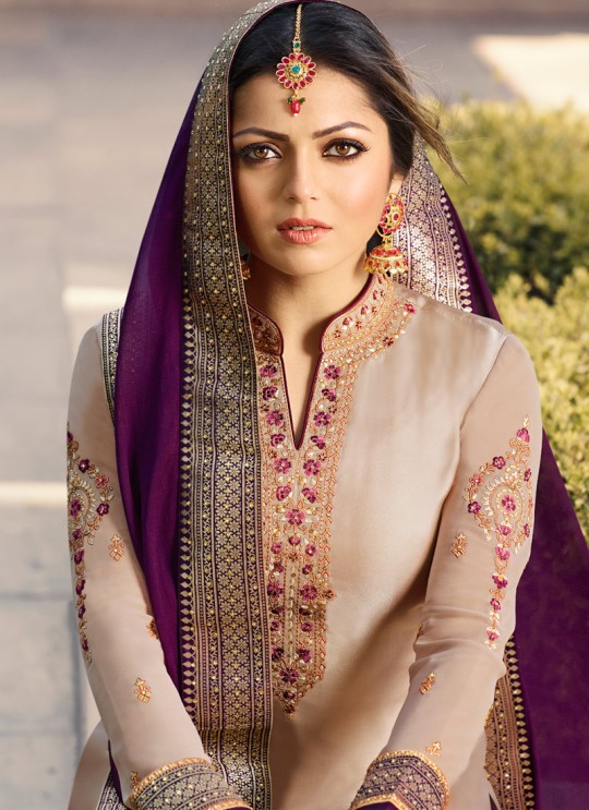 Satin Georgette Embroidered Ceremony Skirt Kameez In Beige Color Nitya Vol 133 3306 By LT Fabrics SC/015459 Satin Georgette Embroidered Ceremony Skirt Kameez In Beige Color Nitya Vol 133 3306 By LT Fabrics SC/015459