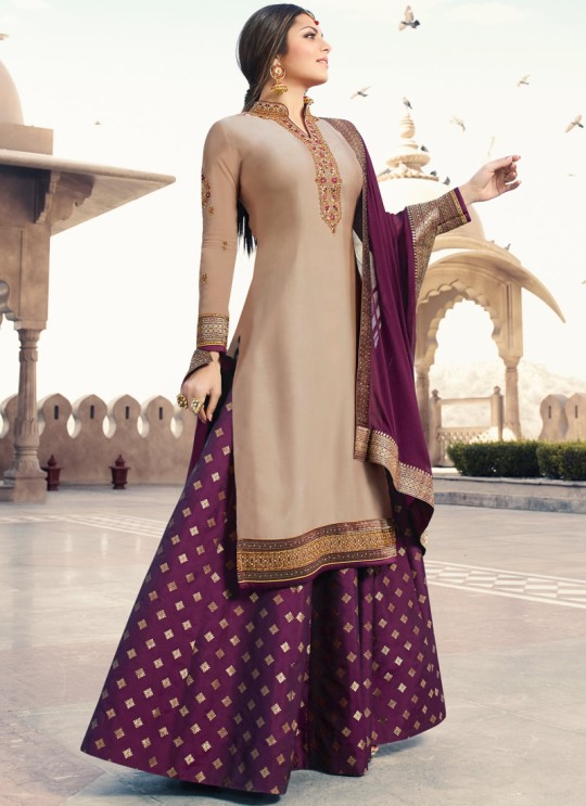 Satin Georgette Embroidered Ceremony Skirt Kameez In Beige Color Nitya Vol 133 3306 By LT Fabrics SC/015459