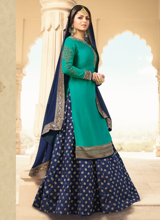 Satin Georgette Embroidered Ceremony Skirt Kameez In Teal Green Color Nitya Vol 133 3308 By LT Fabrics SC/015460